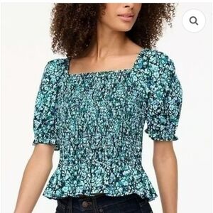 J.Crew Floral Smocked Green and Blue Top